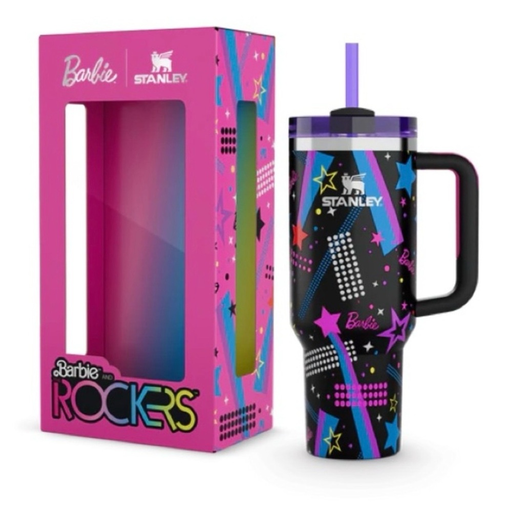 Barbie Rockers Stanley Black Tumbler with Neon Star Graphics and Purple Lid